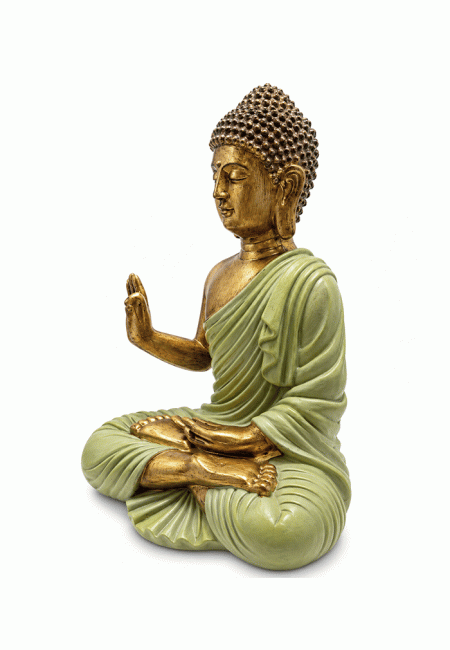 Statue Bouddha Abhaya Verte et Dorée en Résine 31 cm chez Arabesk|fr