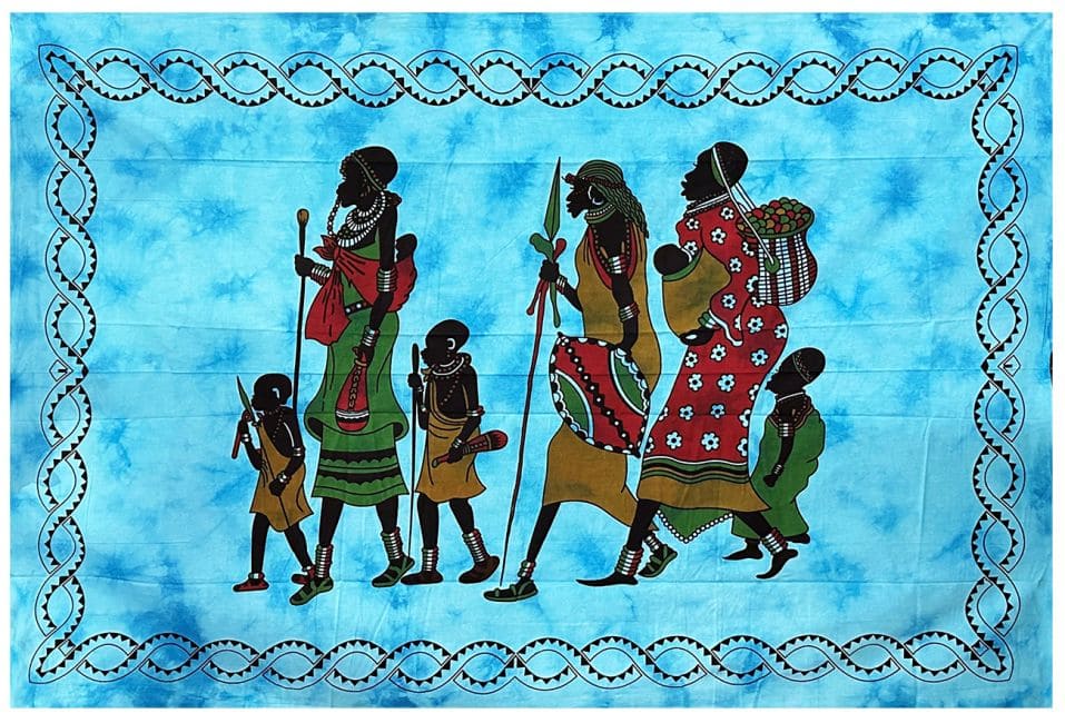 Tenture 4 enfants & 3 adultes africains bleu PM chez Arabesk