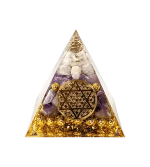 Orgonite Pyramide Cristal de Roche & Amethyste Fleur de Vie Pentacle