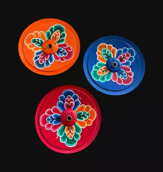 Porte encens Tibétain en bois peint rond Fleur bleu 9.50cm