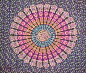 Tenture mandala mauve jaune fushia & turquoise
