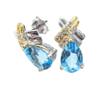 Boucles d'Oreilles Ovales Argent 925 Topaze Bleue et Strass Facettée AA 5x7mm