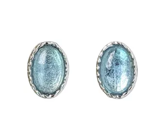 Boucles d'Oreilles Ovale en Cuivre Blanc Aigue Marine AA stud