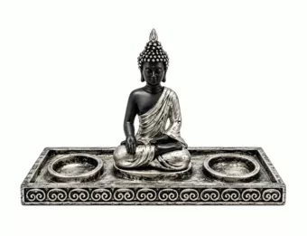 Bougeoir Bouddha Méditation Argenté et Noir en Résine 22 cm