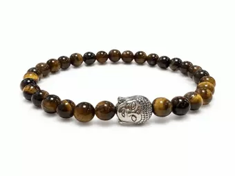 Bracelet Oeil de Tigre A Bouddha Argenté Perles Rondes 6 mm