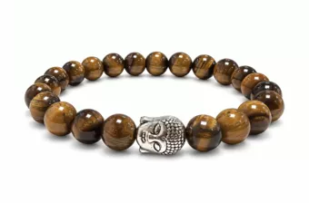 Bracelet Oeil de Tigre A Bouddha Argenté Perles Rondes 8 mm