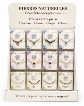 Présentoir Bracelets en Pierres Naturelles et Acier Inoxydable Doré – 48 Bracelets