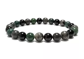 Bracelet Larvikite, Agate Mousse & Onyx Noir A perles 8mm