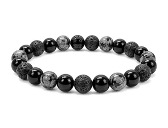 Bracelet Obsidienne Flocon de Neige, Pierre de Lave & Onyx Noir A perles 8mm