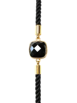 Bracelet Corde Laiton Obsidienne Noire Carré Facetté 11mm