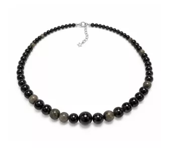 Collier Chute Obsidienne Noire Dorée A Perles 4-12 mm 50 cm