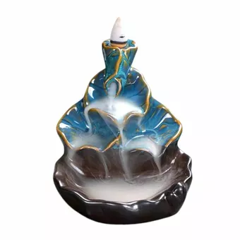 Porte Encens Backflow Céramique Cascade Feuilles de Lotus Bleu 10cm