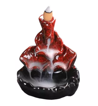 Porte Encens Backflow Céramique Cascade Feuilles de Lotus Rouge 10cm