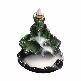 Porte Encens Backflow Céramique Cascade Feuilles de Lotus Vert 10cm