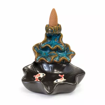 Porte-encens Backflow en céramique cascade feuilles de lotus et poissons 9,5 cm