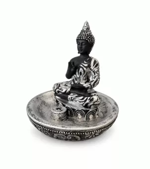 Porte-Encens Bouddha Abhaya Argenté en Résine 10 cm