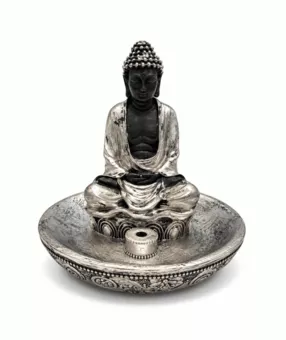 Porte-Encens Bouddha Méditation Argenté en Résine 11 cm