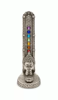 Porte-Encens Tête de Bouddha 7 Chakras Argenté en Résine 17 cm