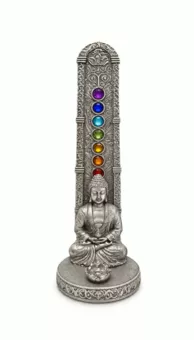 Porte-Encens Bouddha Méditation 7 Chakras Argenté en Résine 17 cm