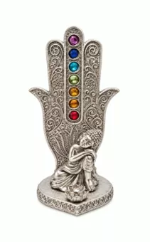 Porte-Encens Main de Fatma Bouddha 7 Chakras Argenté en Résine 16 cm