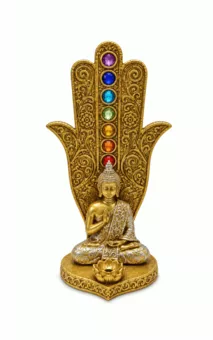 Porte-Encens Main de Fatma Bouddha 7 Chakras Doré en Résine 16 cm