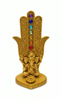 Porte-Encens Main de Fatma Ganesh 7 Chakras Doré en Résine 16 cm