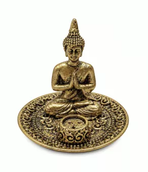 Porte-Encens Bouddha Prière Doré en Résine 9 cm