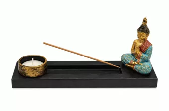 Porte-Encens et Bougeoir Bouddha Méditation Multicolore en Bois et Résine 24 cm
