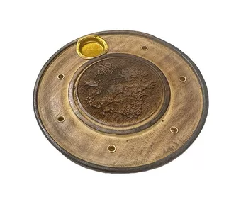 Porte Encens en Bois Rond Ciselé Dragon 10cm x10