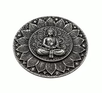 Porte-Encens Rond Bouddha Lotus Argenté en Résine 10 cm