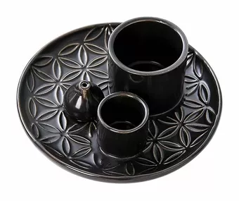 Porte Encens Céramique Noir Fleurs de Vie pour Palo Santo et Sauge Blanche  13cm