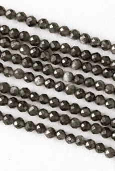 Fil de Perles Rondes Facettées Obsidienne Noire Dorée AA 3-4 mm