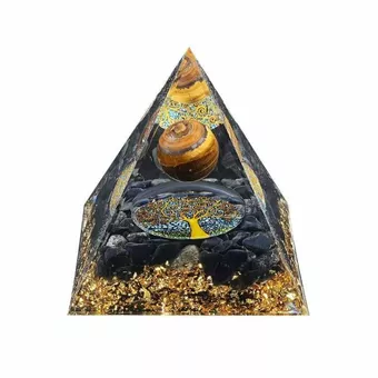 Orgonite Pyramide Oeil de Tigre & Obsidienne Noire Arbre de Vie