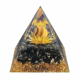 Orgonite Pyramide Oeil de Tigre et Obsidienne Noire Lotus 8cm