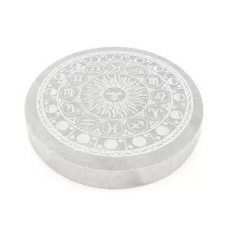 Plaque Circulaire en Sélénite Roue du Zodiaque 12cm 350g