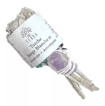 Torche Sauge Blanche Lavande avec Amethyste 25-30g 11cm