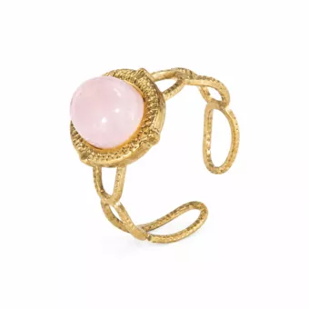 Bague en Acier Inoxydable Dorée Quartz Rose Ovale