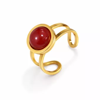 Bague Acier Inoxydable Dorée Agate Rouge Ronde