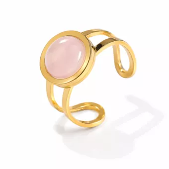Bague Acier Inoxydable Dorée Quartz Rose Rond