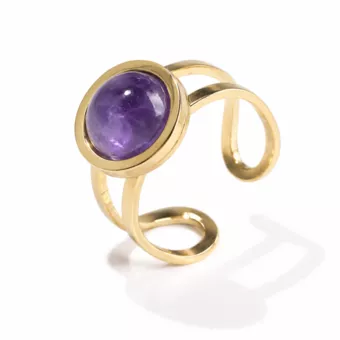 Bague Acier Inoxydable Dorée Améthyste Ronde