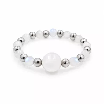 Bague Perles Argentées Pierre de Lune Blanche