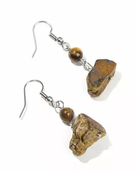 Boucles d'Oreilles Argentées en Acier Inoxydable Œil de Tigre Brut A 3.5cm