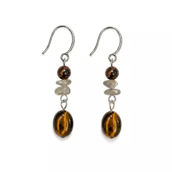 Boucles d’Oreilles – Obsidienne Acajou, Labradorite & Œil de Tigre