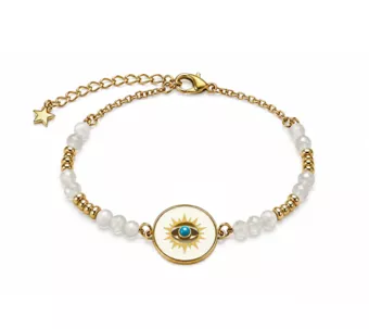 Bracelet Protection en Pierre de Lune Blanche A – Médaillon Œil Protecteur