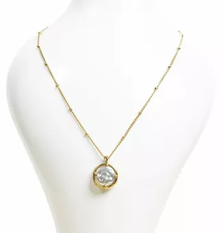 Collier Chaine Acier Inoxydable Doré Pendentif Rond Baroque Perles A