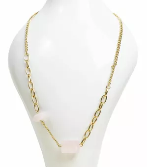 Collier Acier Inoxydable Doré Quartz Rose A 48cm