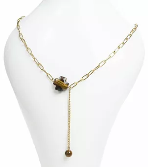 Collier Acier Inoxydable Doré Pendentif Croix Œil de Tigre A Facetté