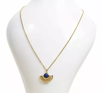 Collier Acier Inoxydable Doré Pendentif Aztèque Lapis-Lazuli AA 6mm