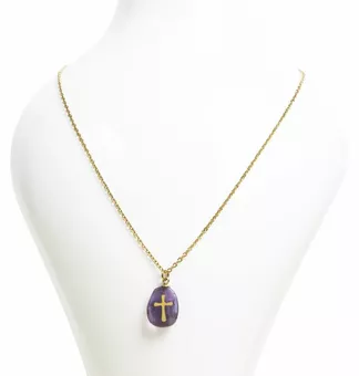 Collier Acier Inoxydable Doré Améthyste A & Croix