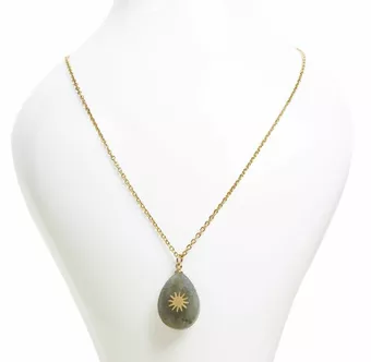 Collier Chaine Acier Inoxydable Doré Pendentif Labradorite A Facetté  & Soleil